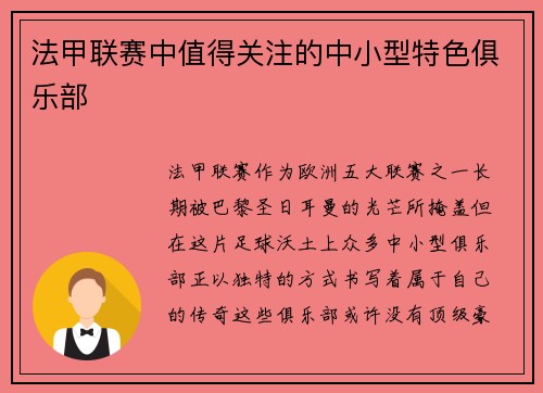 法甲联赛中值得关注的中小型特色俱乐部